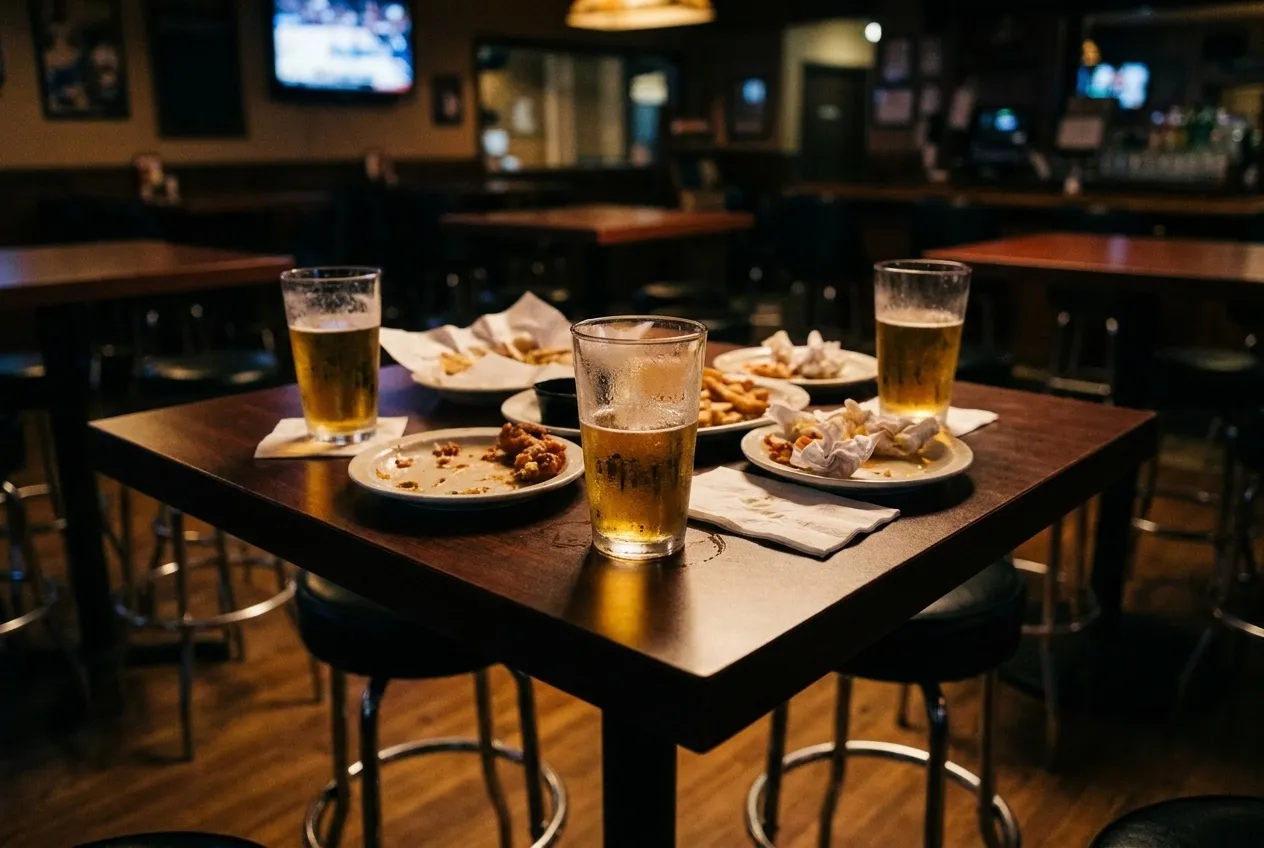 Overhead view of drinks and appetizers on a bar table during happy hour in Los Angeles