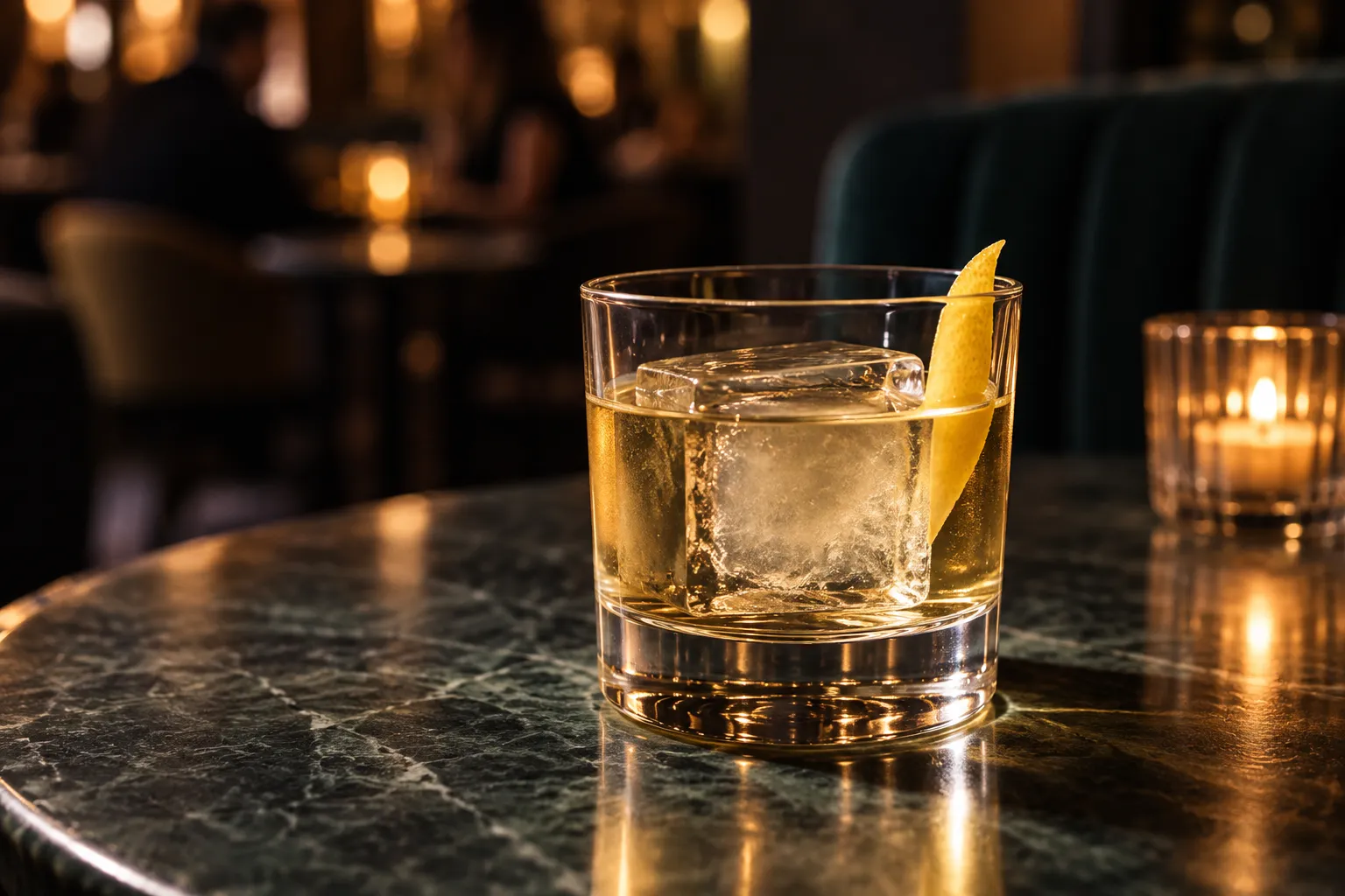 A clarified cocktail in a rocks glass with a single large ice cube under directional light