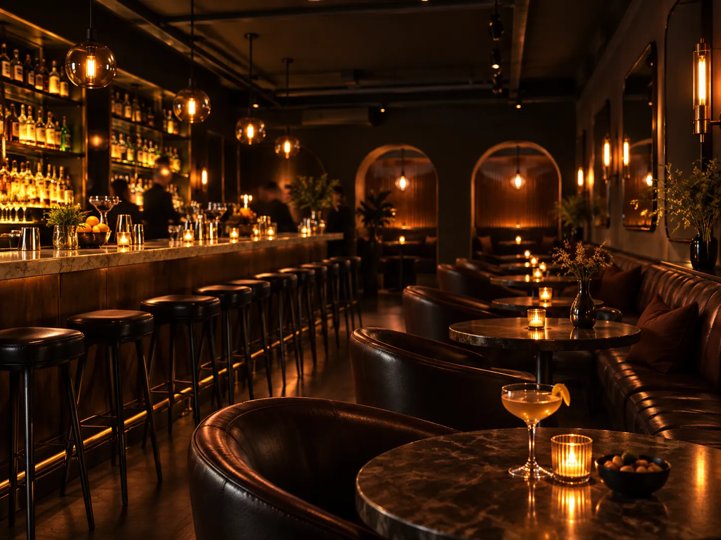 A dark modern cocktail bar with a long bar, leather seating and warm low lighting