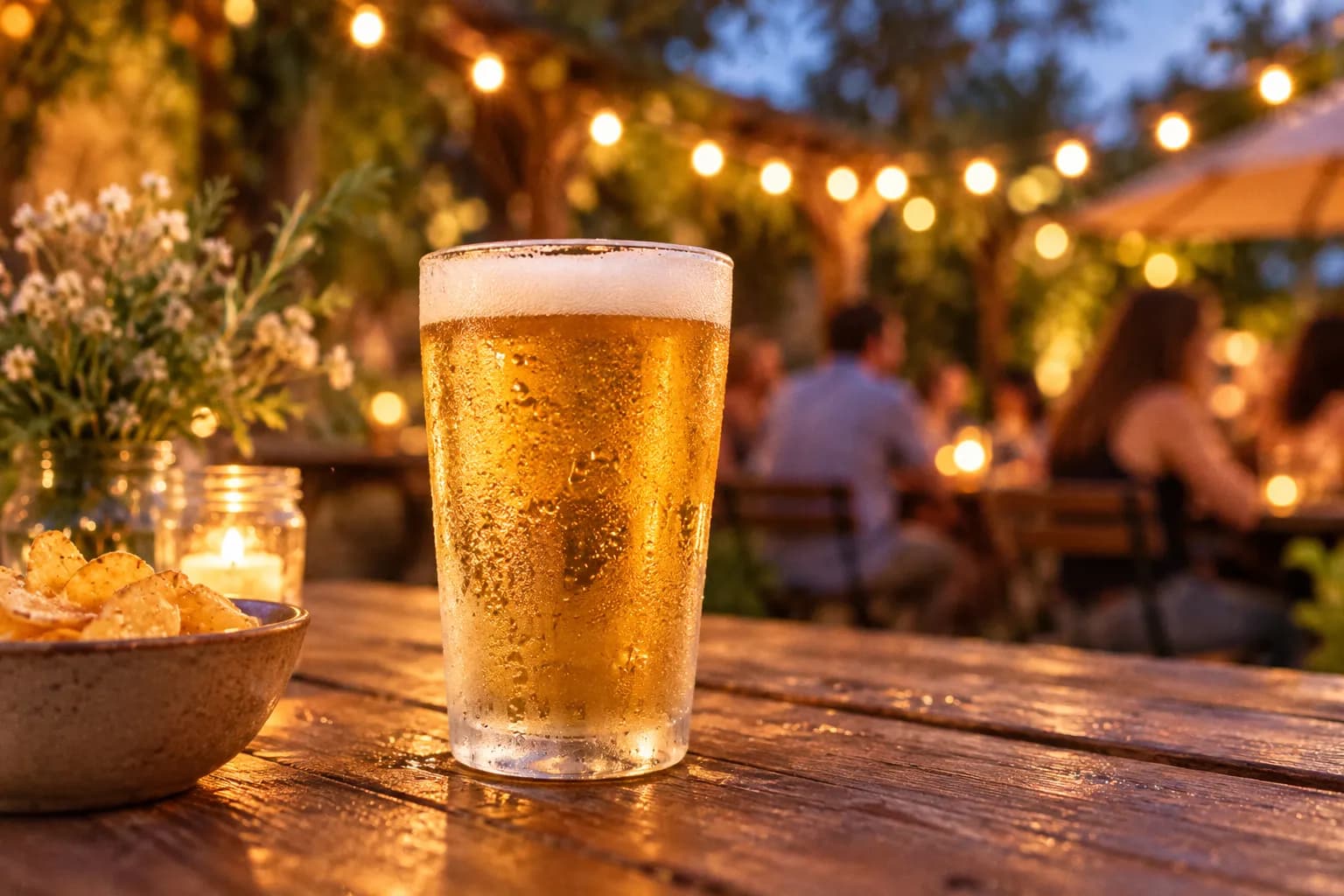 A cold lager in a frosted glass on an outdoor wooden table under string lights