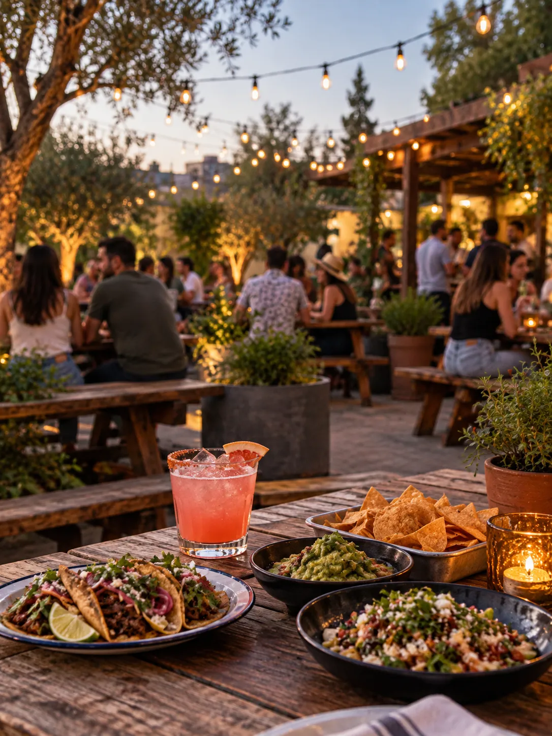 A large open-air bar patio with picnic tables, planting and string lights strung overhead