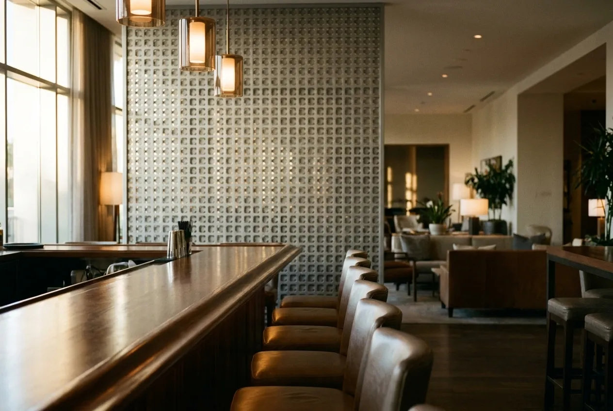 Empty hotel lobby bar in Los Angeles during afternoon happy hour with natural window light and polished wood counter
