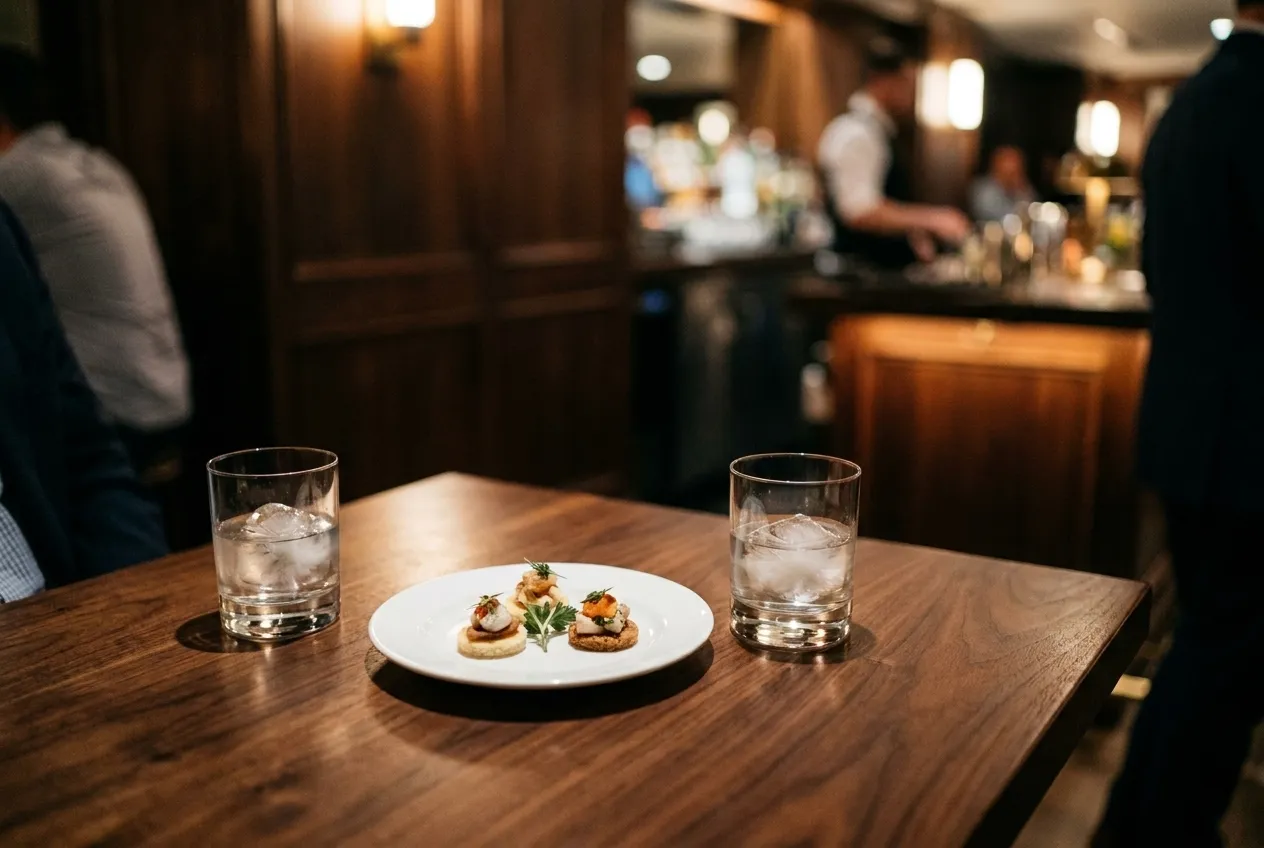 Overhead view of cocktail glasses and small plates on a hotel bar table during happy hour in Los Angeles