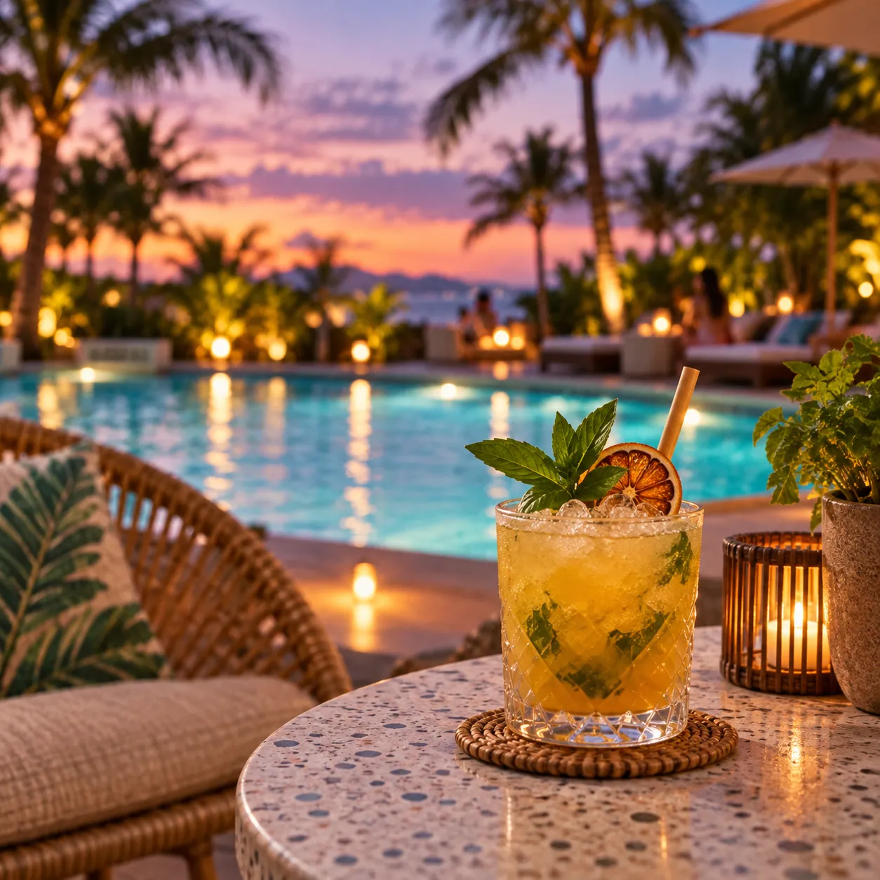 A tropical cocktail with a herb garnish on a small table beside a lit swimming pool at dusk