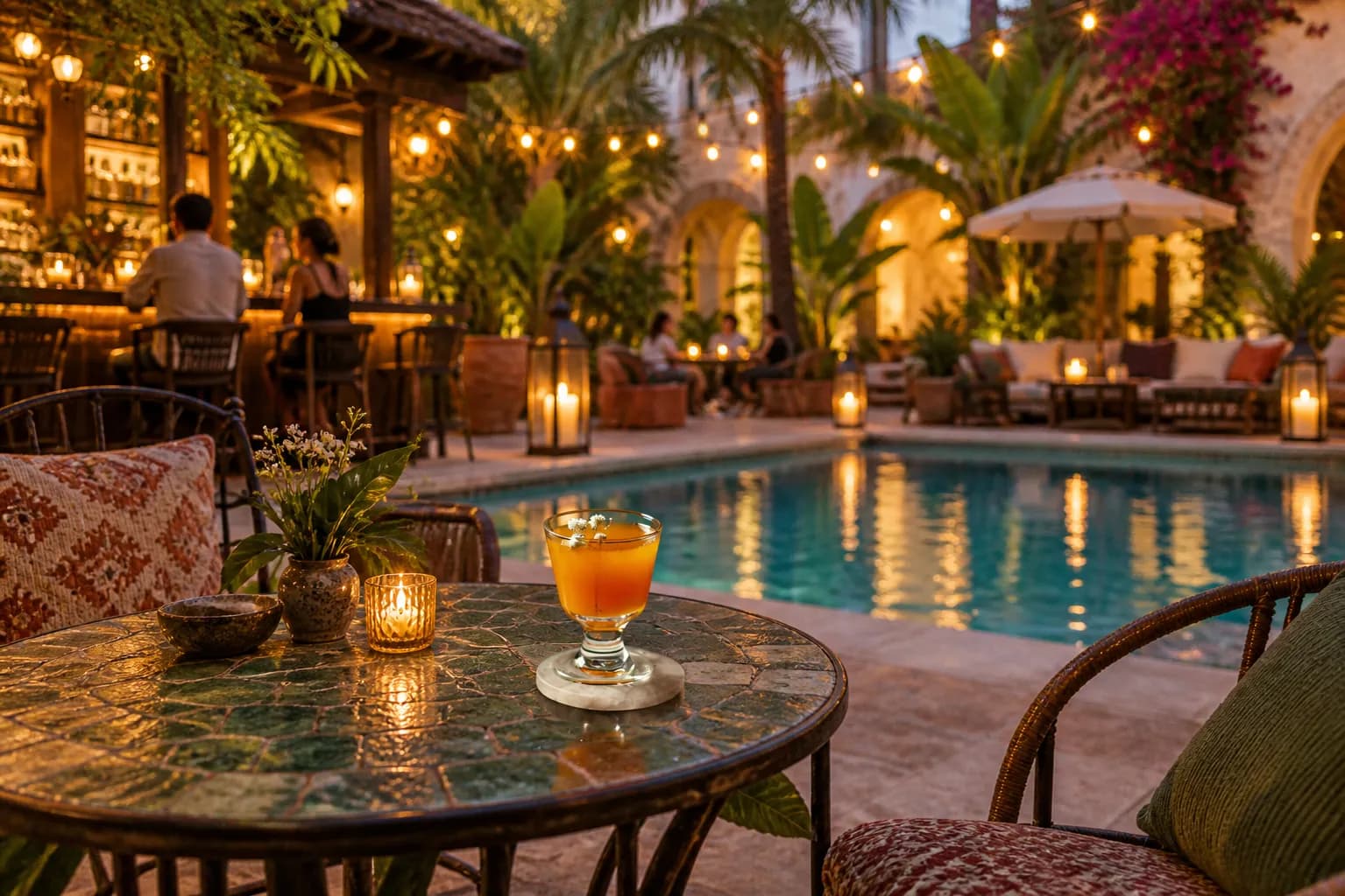 A lush hotel courtyard bar with string lights, mismatched furniture and palms around a swimming pool