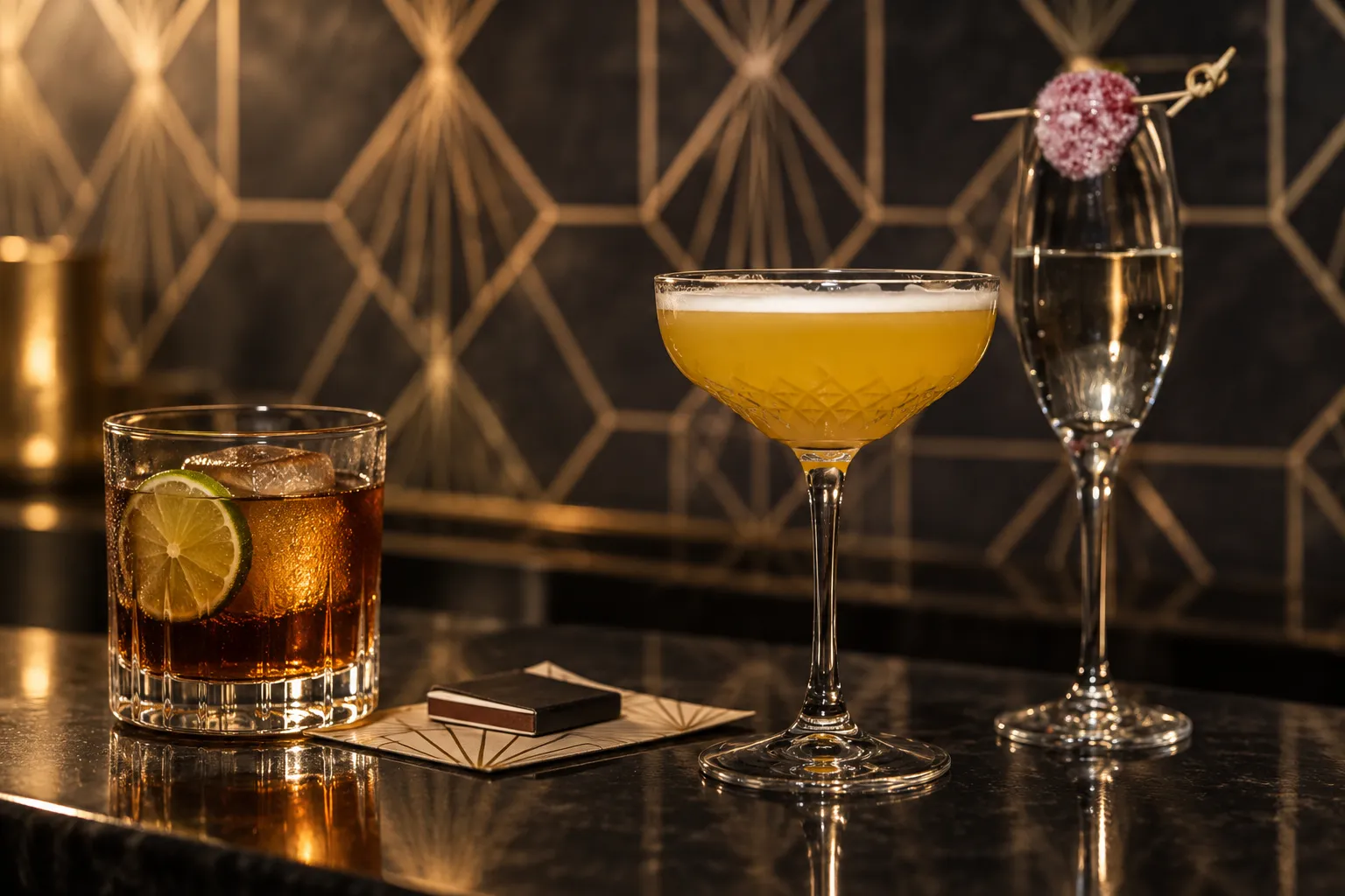 Three cocktails on a dark bar top in front of a gold geometric bar front, warm low lighting