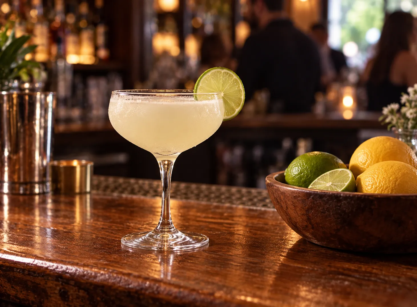A daiquiri in a coupe glass on a wooden bar counter beside a bowl of citrus