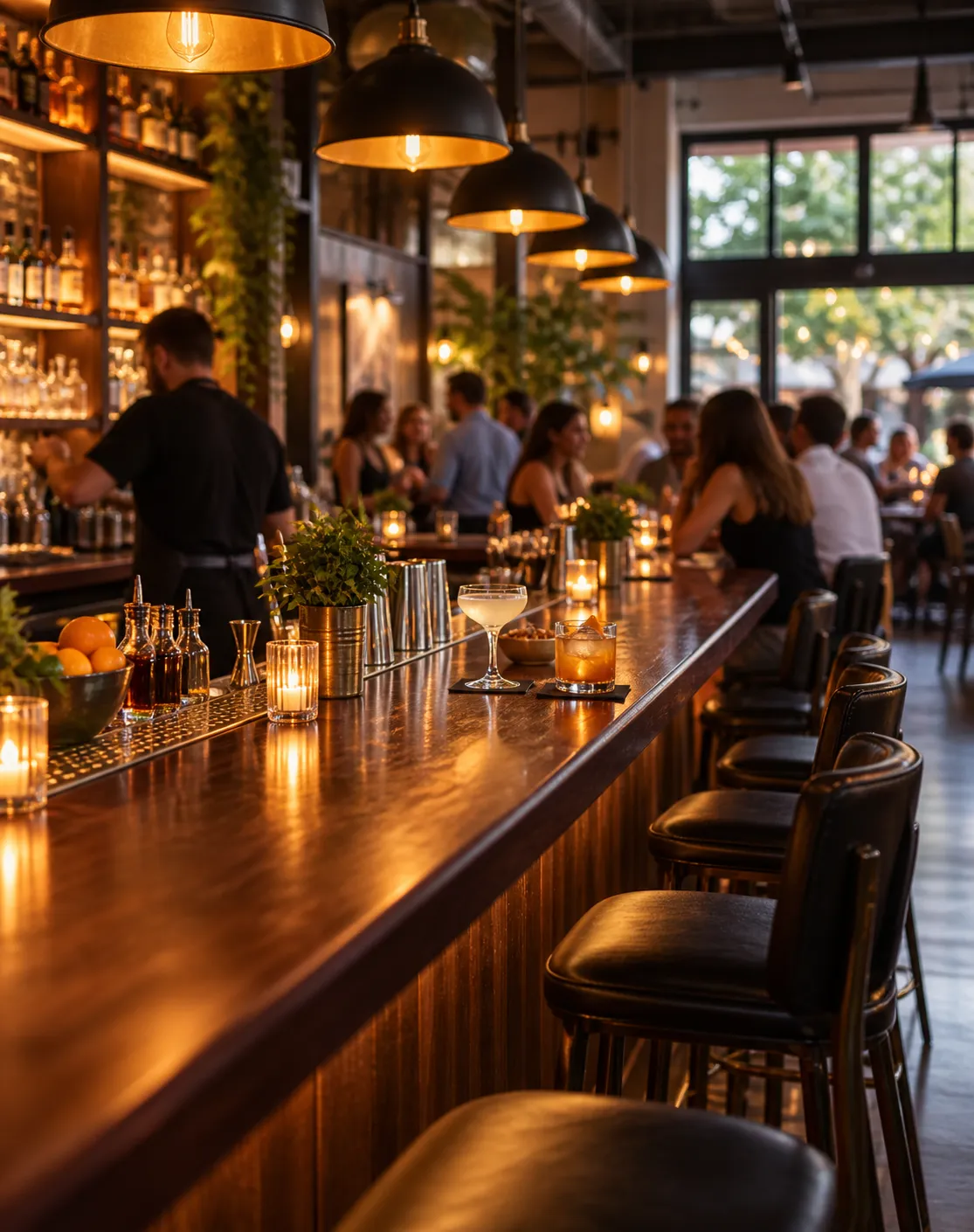 A large open neighbourhood bar with a long central bar, high stools and warm hanging lights