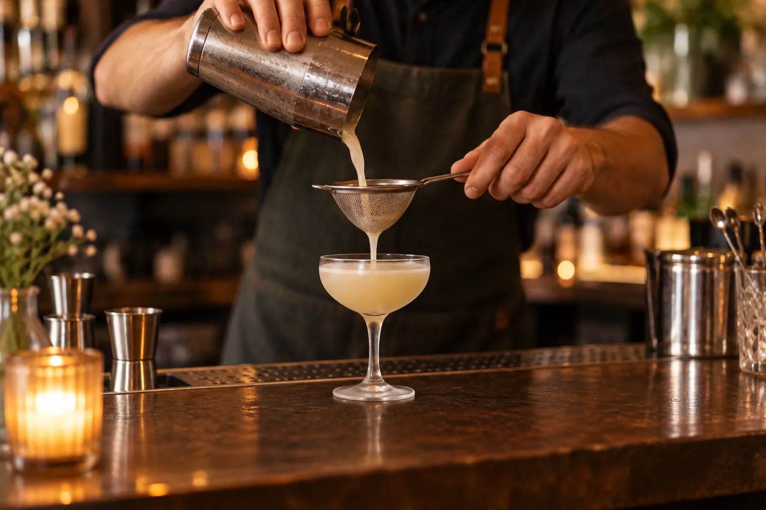A bartender straining a cocktail into a chilled glass behind a narrow bar counter