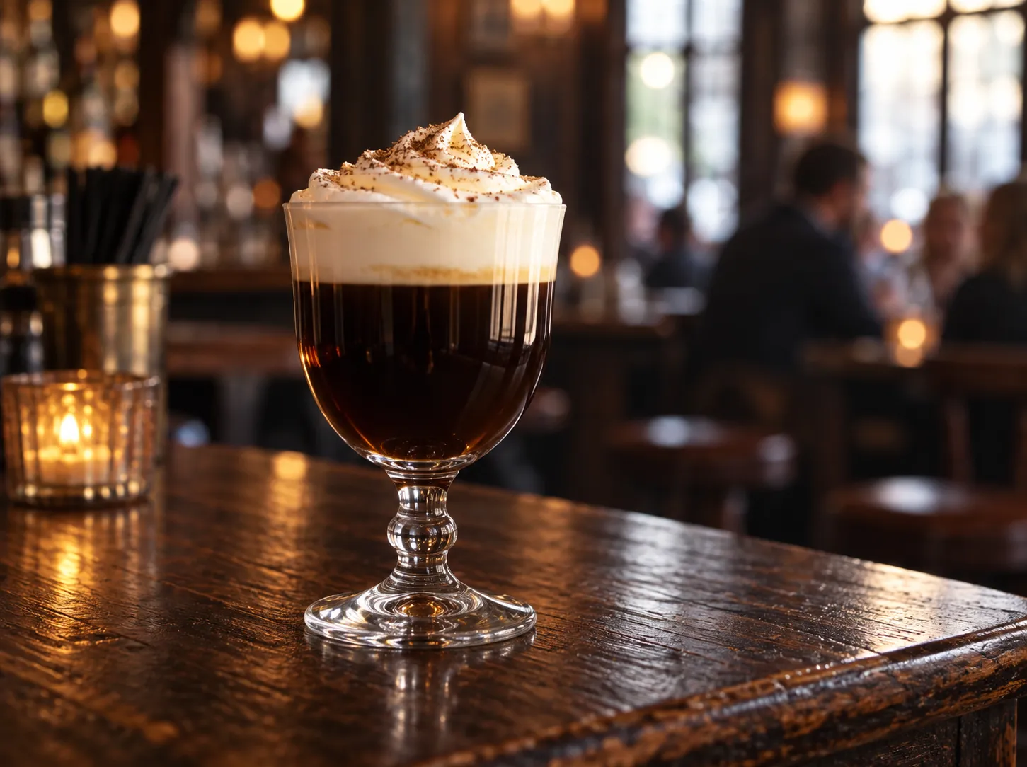 An Irish coffee in a stemmed glass with a thick cream float on a dark timber bar
