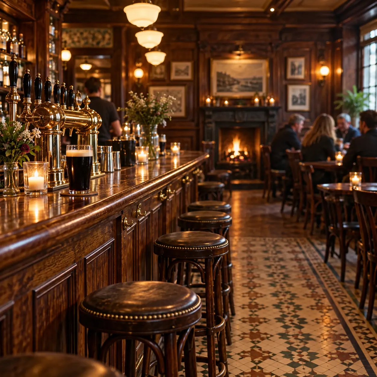 A traditional wood-panelled Irish pub interior with a long bar, brass fittings and tiled floor
