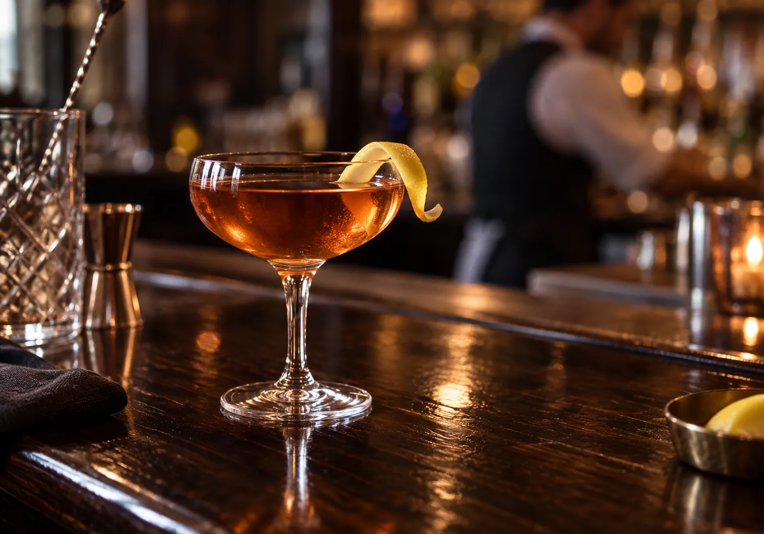 A stirred cocktail in a coupe glass with a lemon twist on a dark polished bar