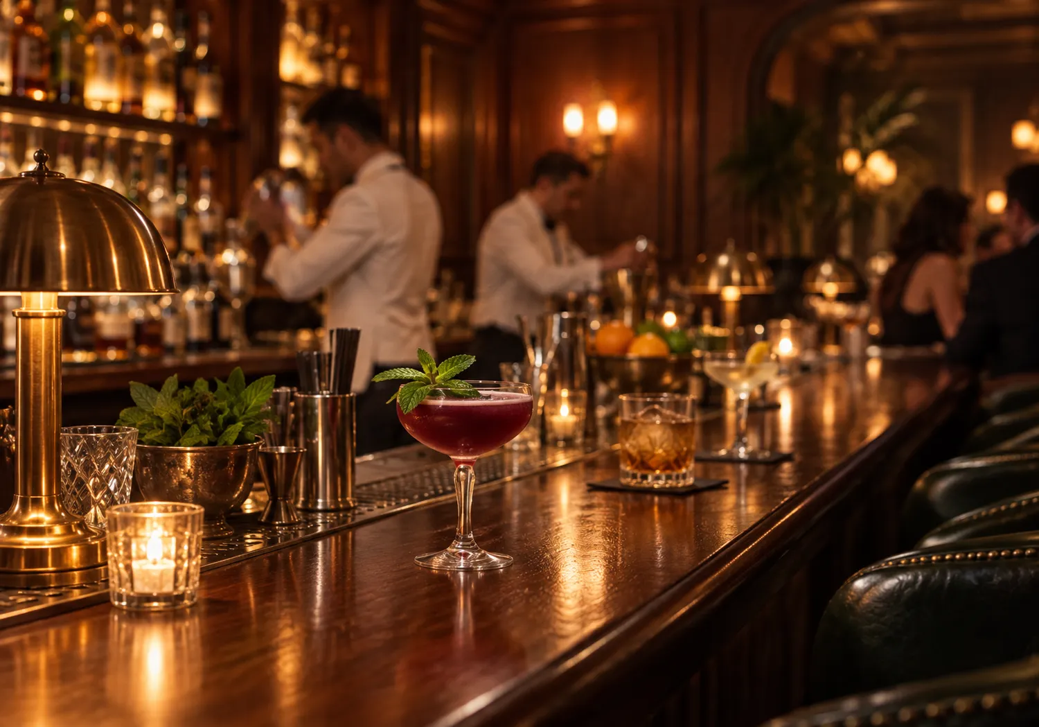 A wood-panelled speakeasy-style bar with white-jacketed bartenders working behind a long counter