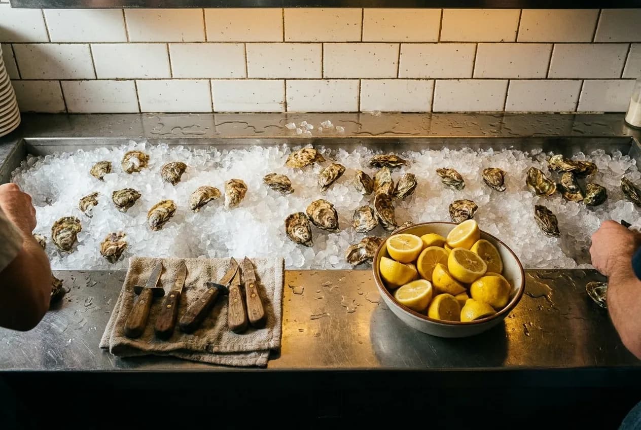 A chilled martini glass beside an open oyster on crushed ice on a dark polished bar