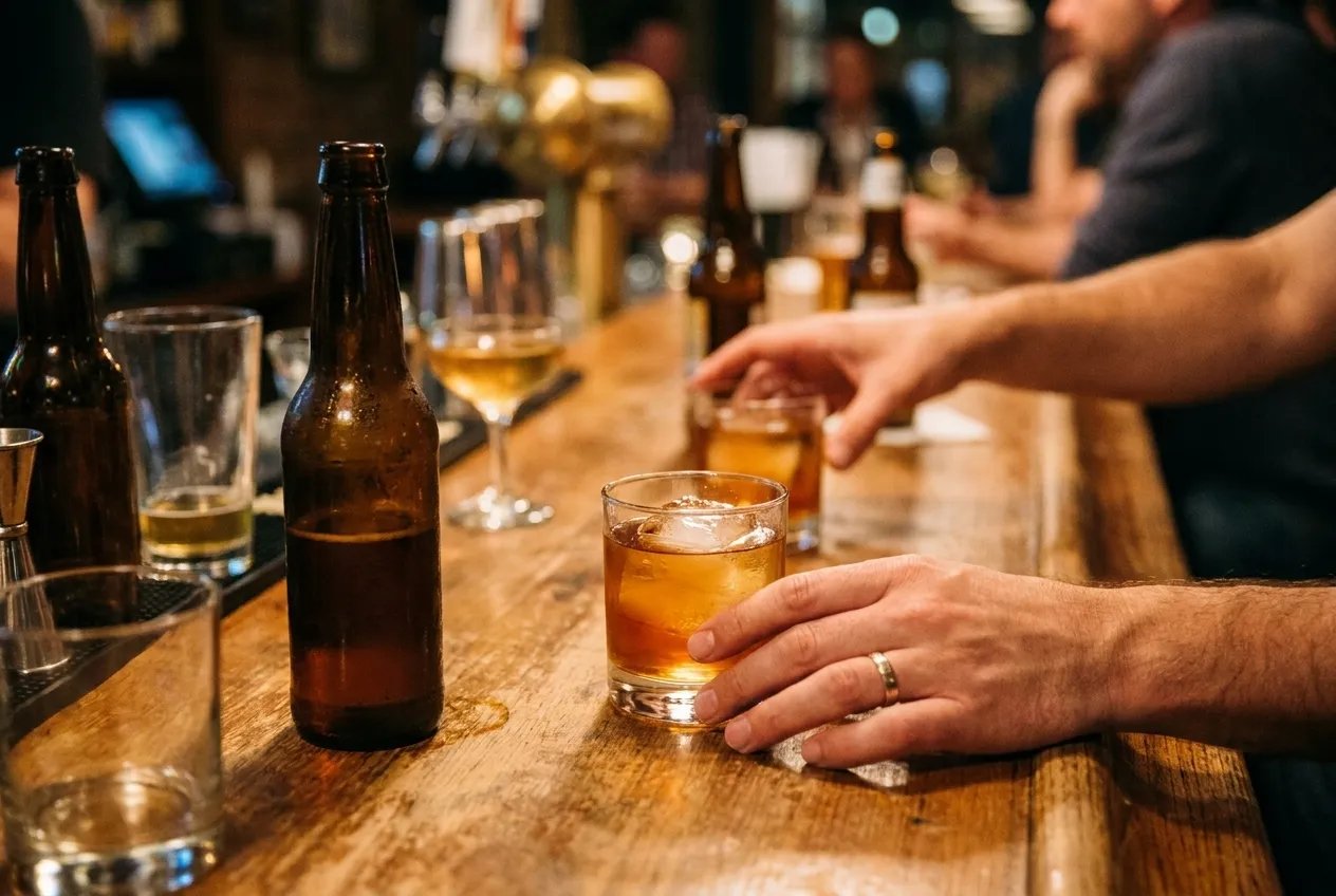 Bar top with drinks during happy hour in New York City