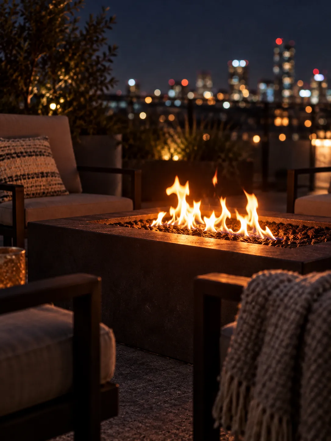 A small fire pit glowing on an open-air terrace with lounge chairs around it