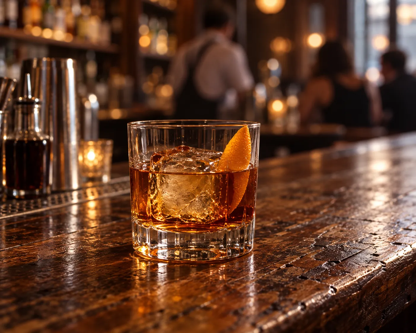 A classic whiskey cocktail with a large ice cube on a scarred wooden bar top
