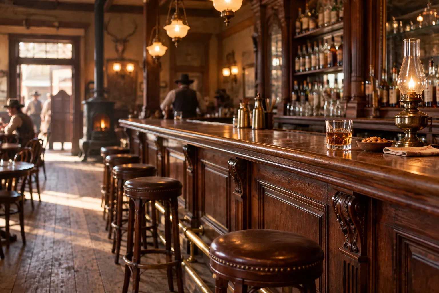 A historic saloon interior with a long carved wooden bar, brass rail and vintage light fixtures