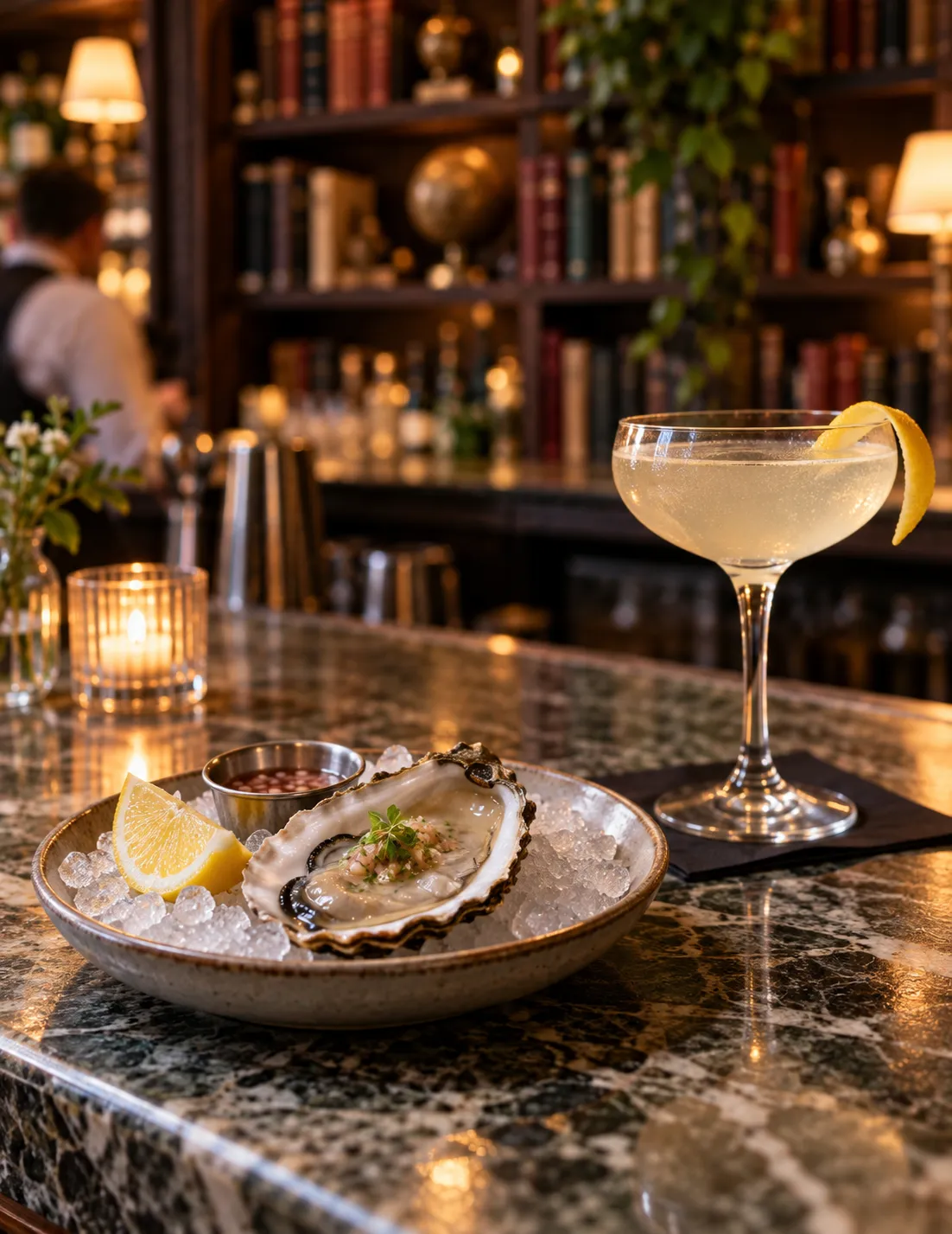An oyster on ice beside a coupe cocktail on a bar counter with bookshelves behind