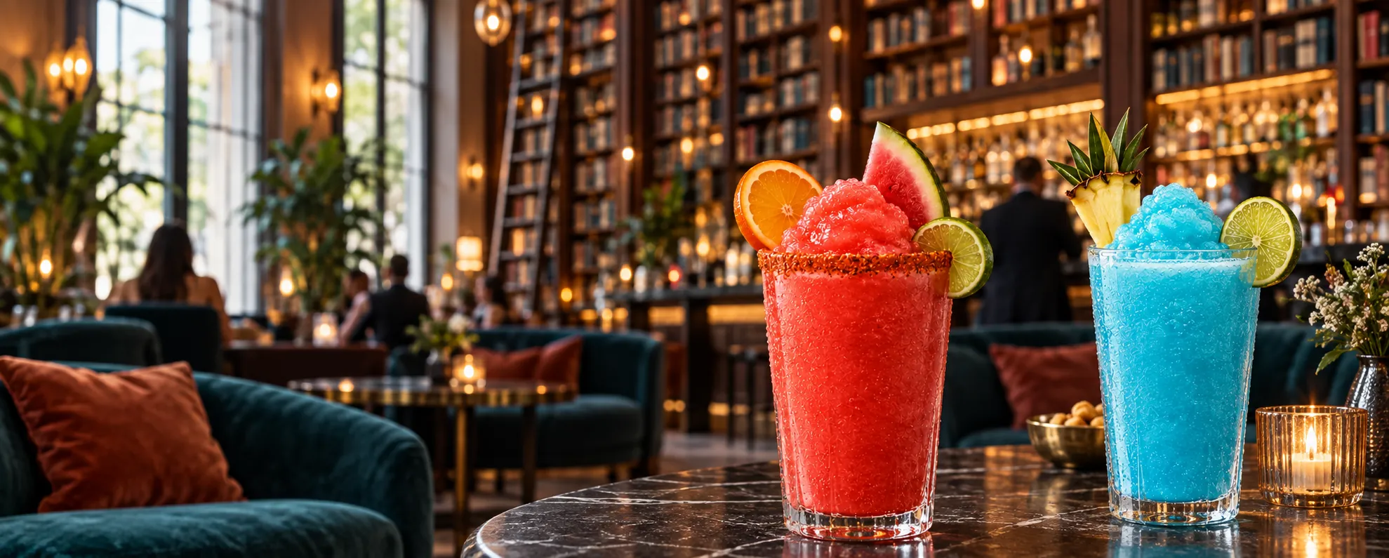 A high-ceilinged cocktail bar lined with floor-to-ceiling bookshelves and low lounge seating