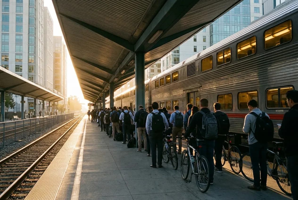 Commuters on a train platform in San Francisco at the end of the working day