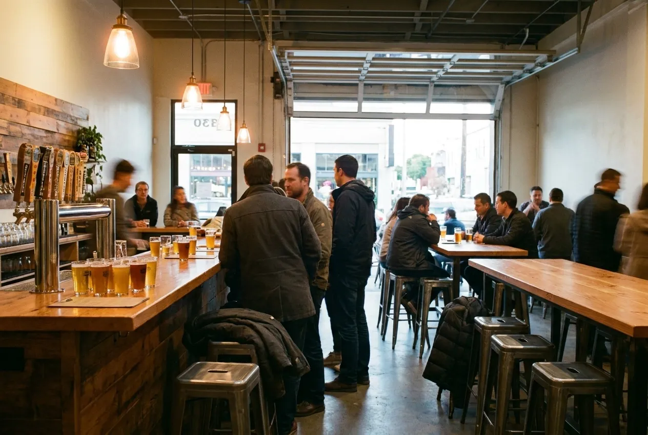 A busy taproom with communal tables and glasses on the bar