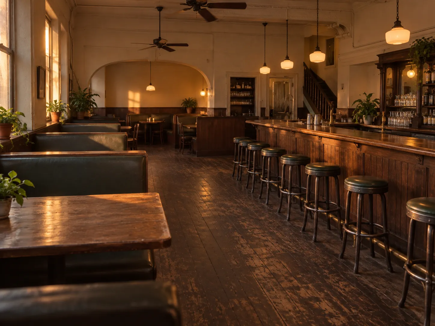 A wide neighbourhood bar room with a long counter and low evening light
