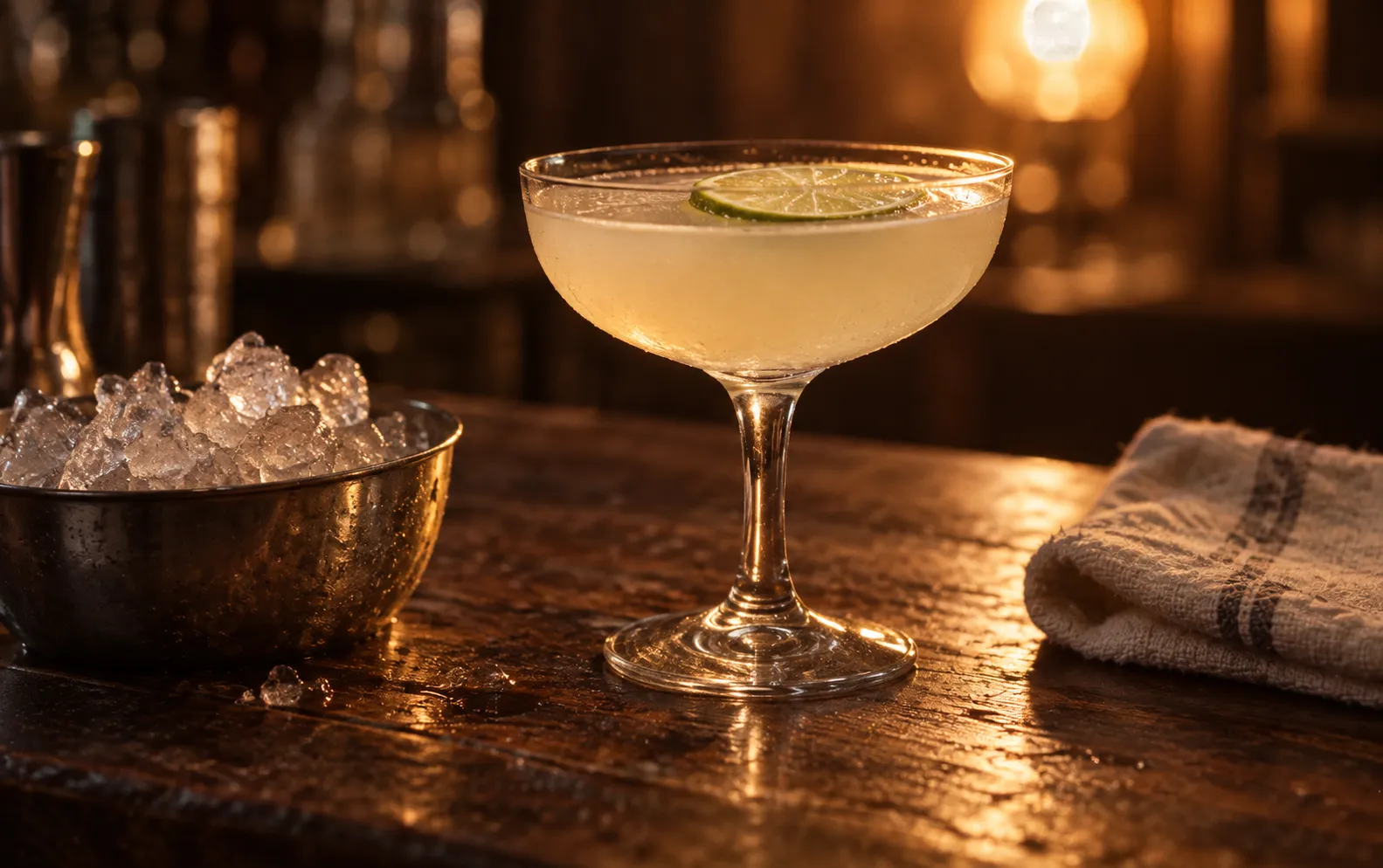 A shallow coupe of pale daiquiri beside a bowl of ice on a bar top