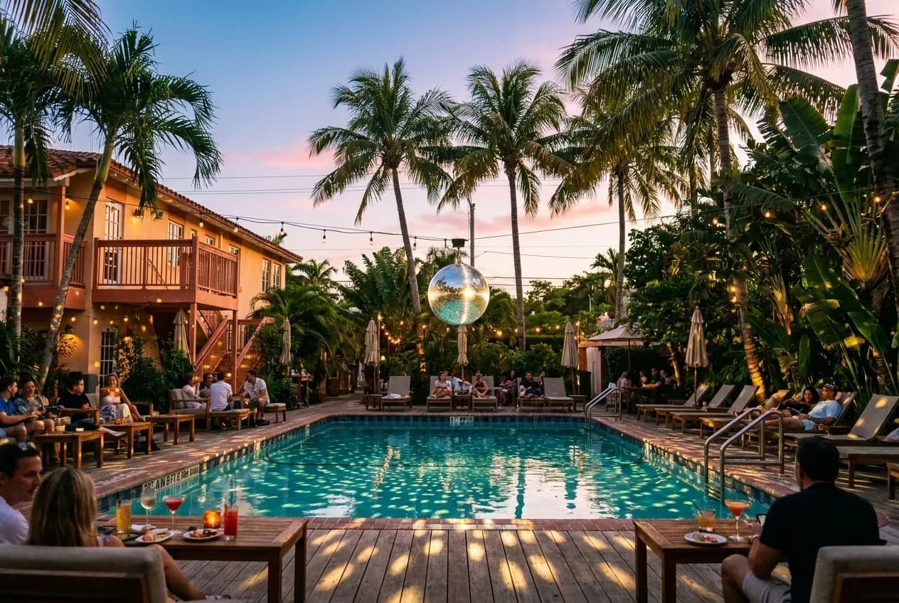Tropical poolside bar courtyard at twilight with disco ball and palm trees in Miami Beach