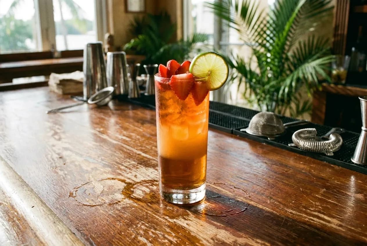 Overhead view of a Caribbean-inspired rum cocktail with strawberry and lime garnish on a wooden bar