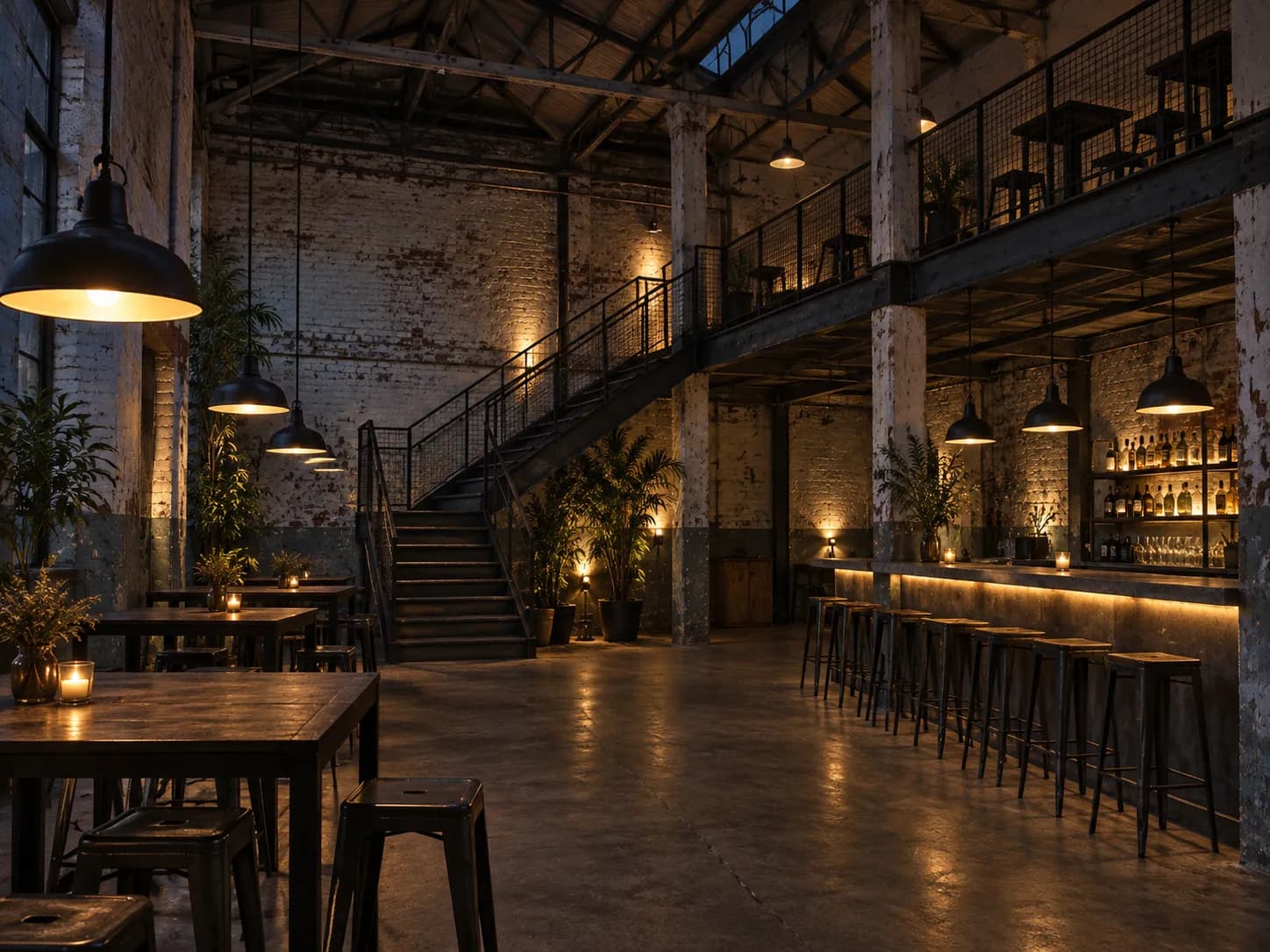 A dark warehouse-style bar room with high ceilings and hanging lights