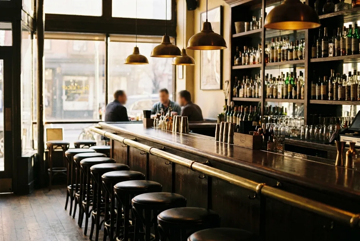 A small cocktail bar interior in late afternoon with a dark wooden bar, brass rail and empty stools by a storefront window
