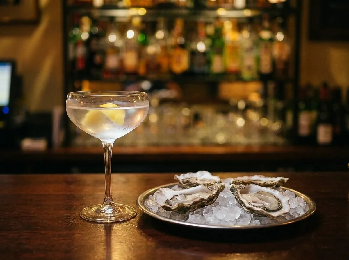 A coupe cocktail glass and a small plate of oysters on a dark bar top under warm low lighting