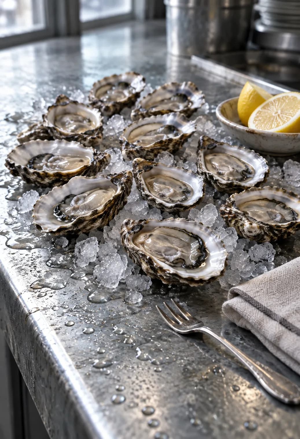 Oysters on crushed ice on a zinc counter with lemon halves and a small fork