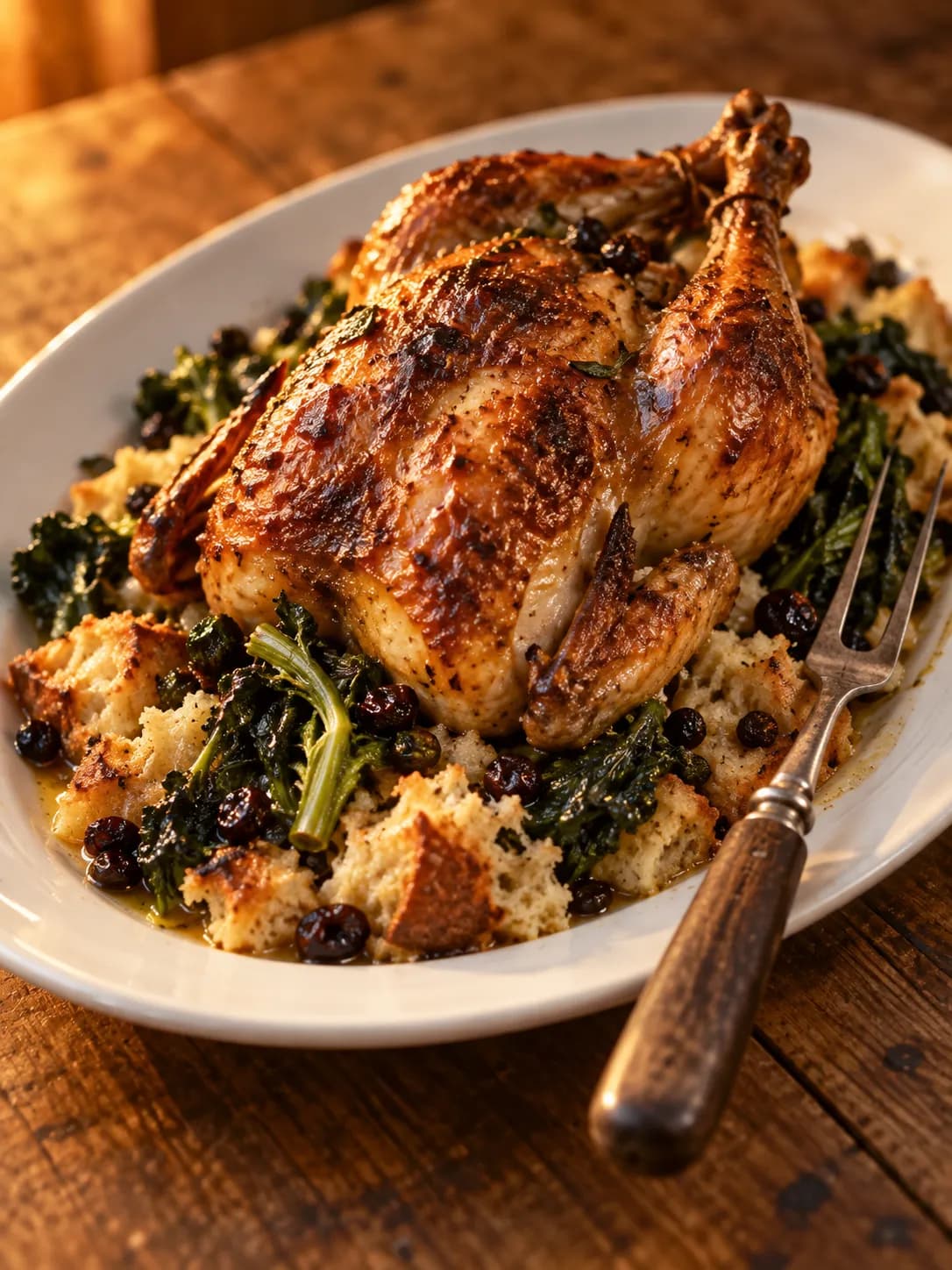 A whole roast chicken resting on a bed of torn bread and greens