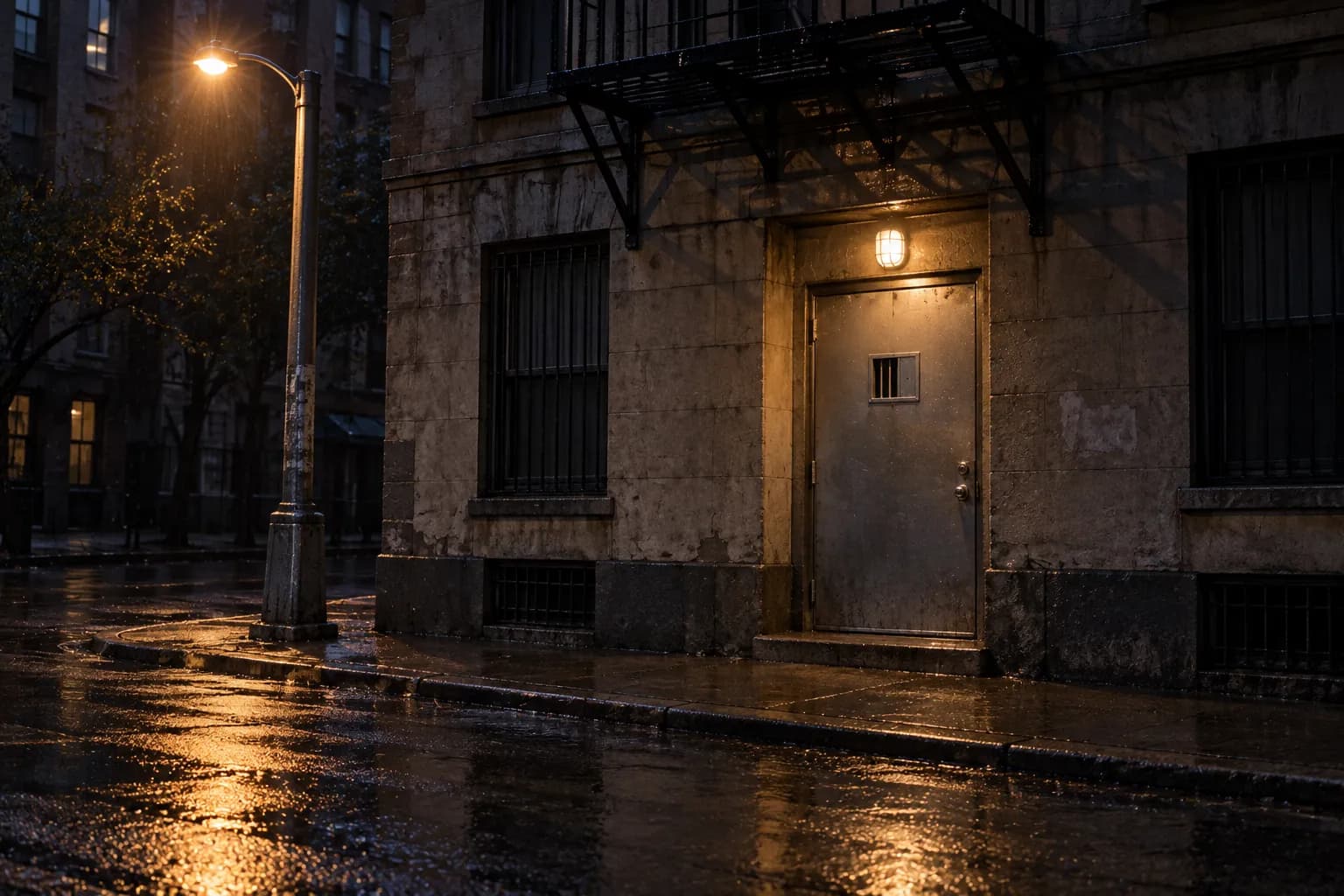 An unmarked metal door and a small grille on a narrow downtown street at night