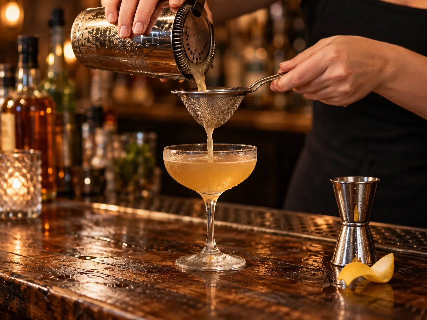 A bartender's hands straining a pale cocktail into a coupe glass over a wooden bar