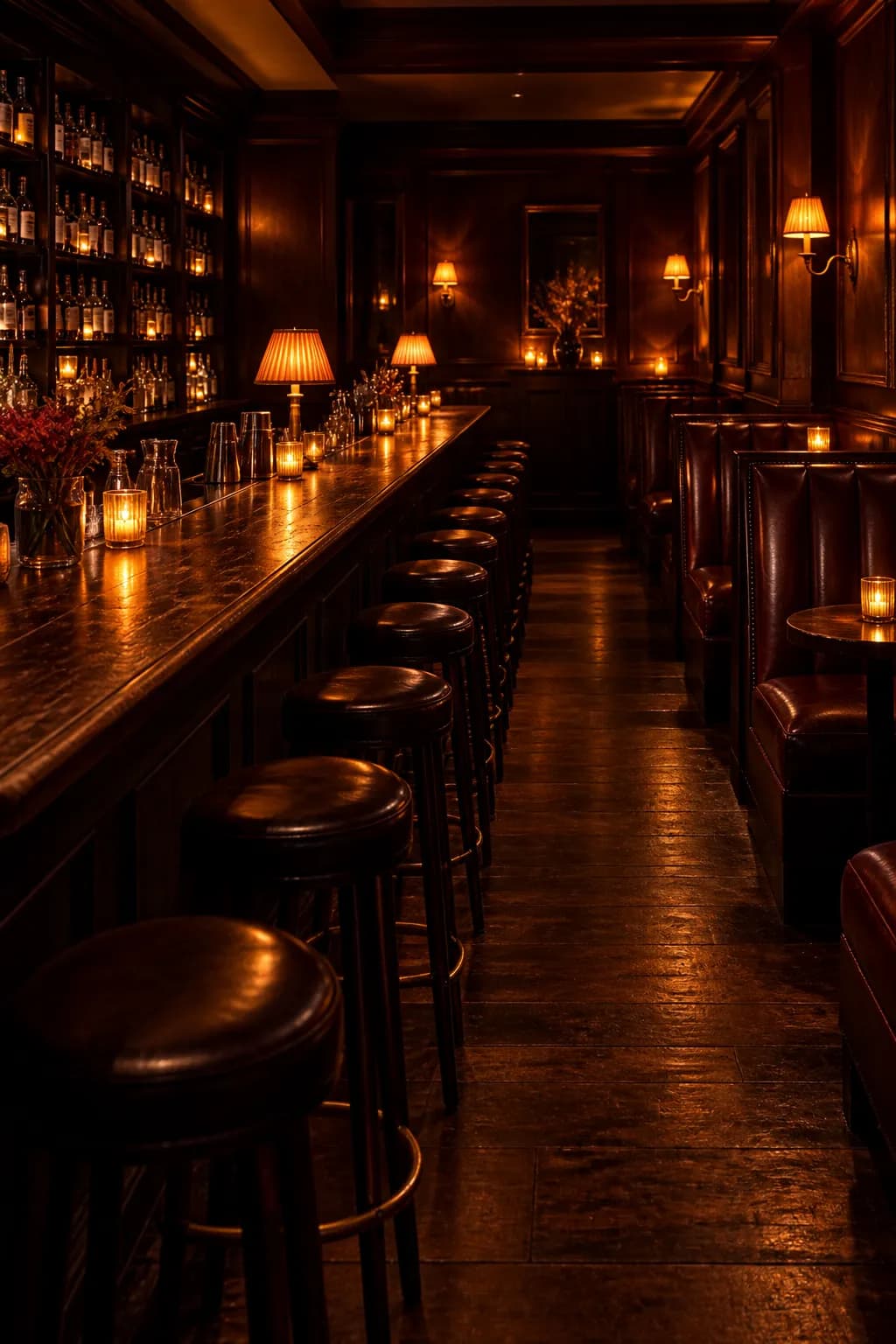 A dark wood-panelled bar room lit by low lamps with a long counter and high-backed banquettes