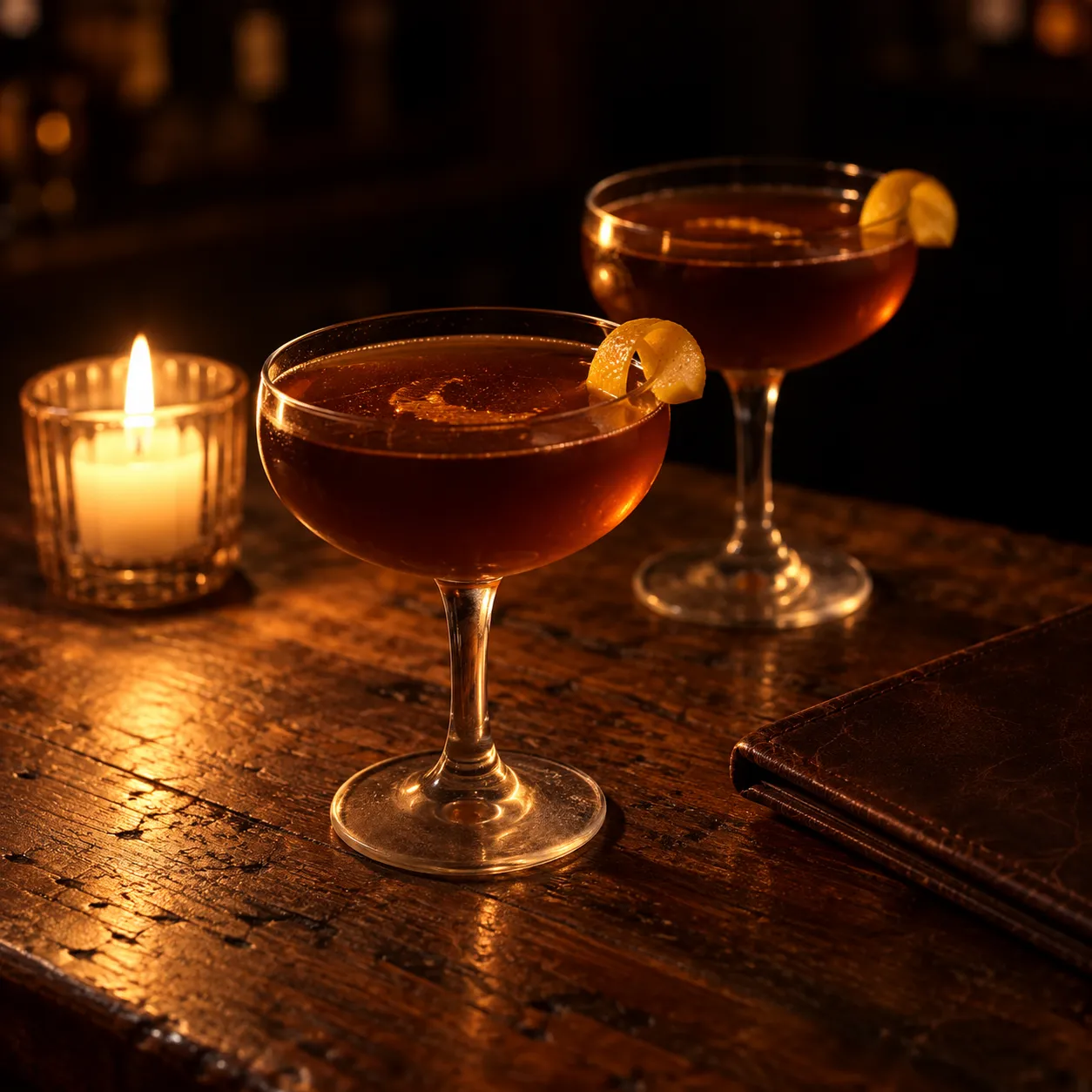 Two coupe glasses of dark cocktails on a bar with a candle and a leather-bound menu