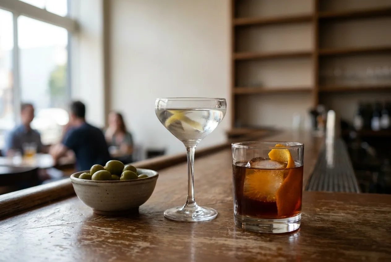 Two cocktails and a bowl of olives on a bar top