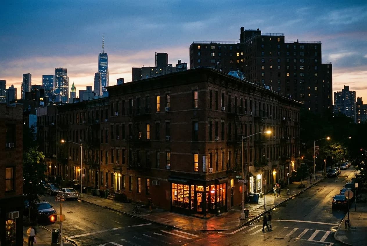 East Village tenement street at dusk with a low-lit corner bar window