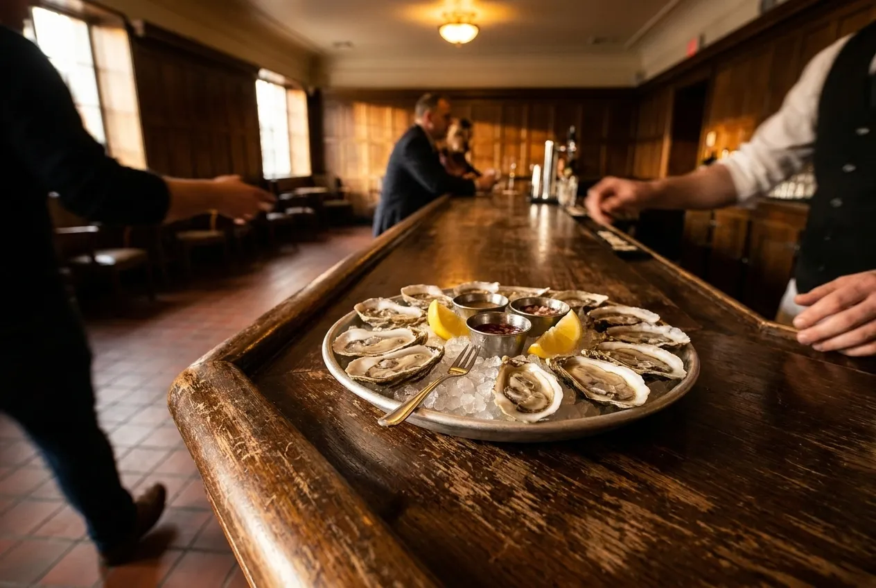 A plate of oysters on crushed ice on a worn wooden bar