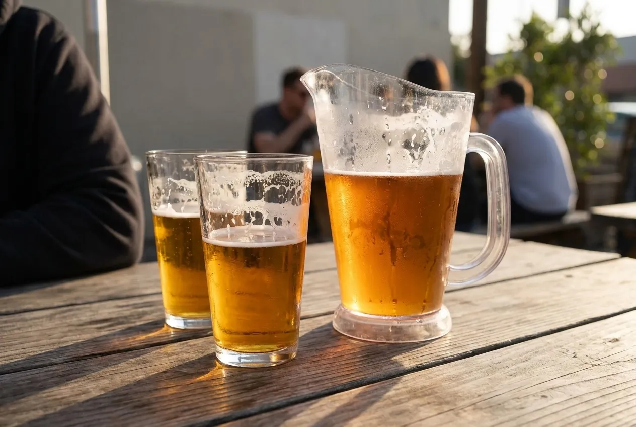 A pitcher of beer and glasses on a picnic table