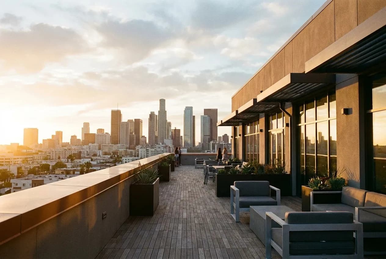 A rooftop terrace looking west toward a low sun over a city skyline