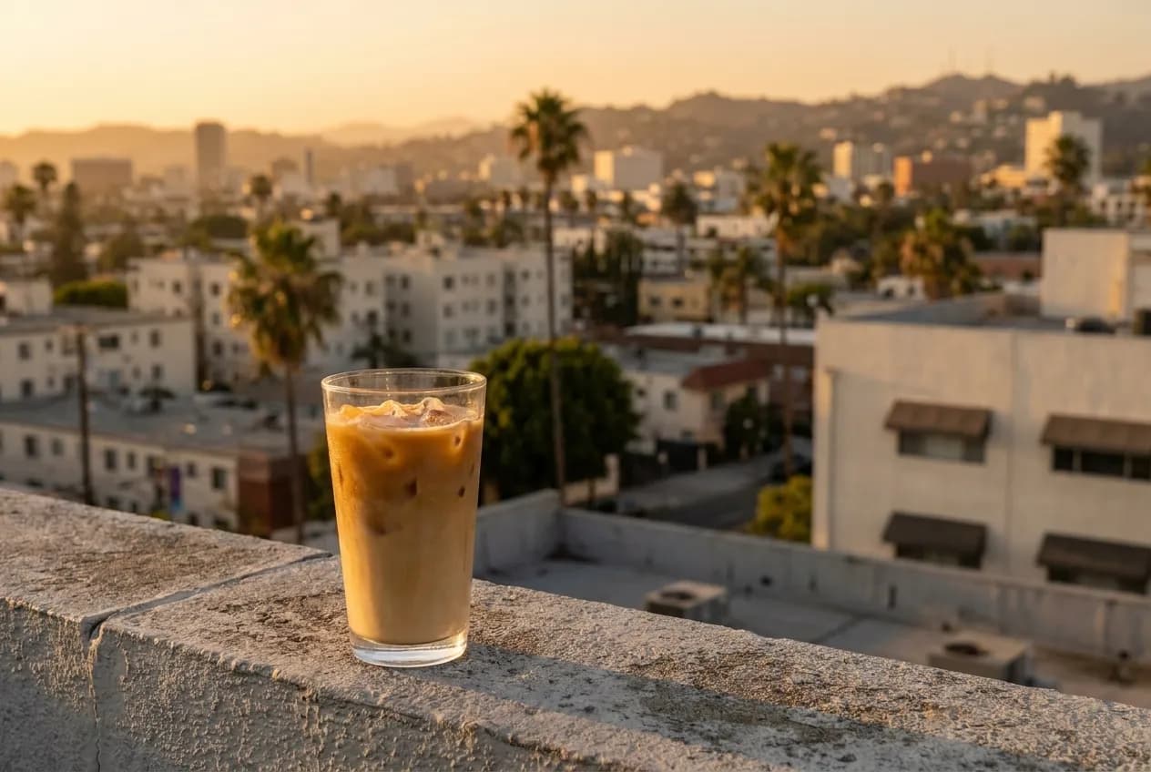 A drink on a ledge with the city out of focus behind it