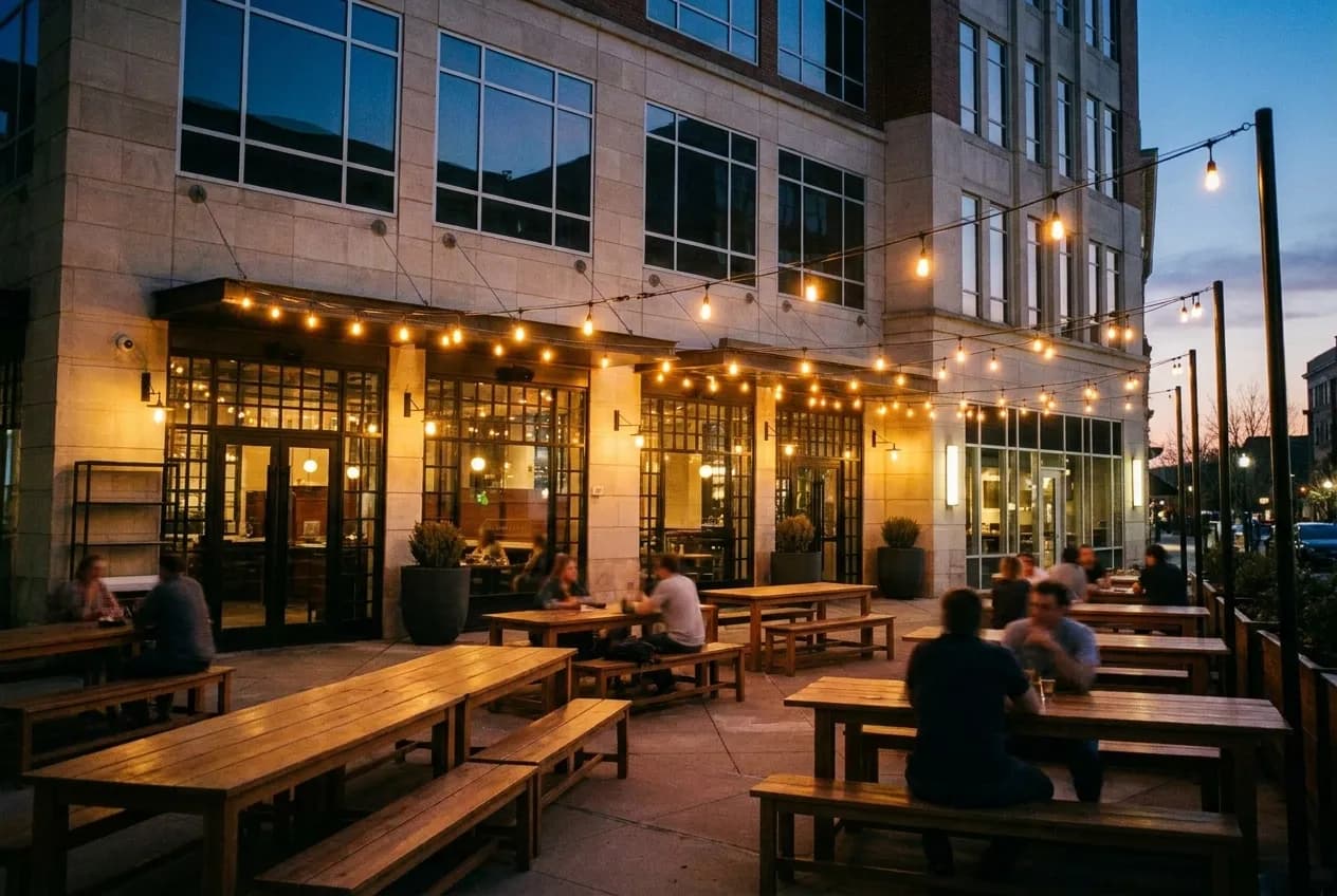 A large bar patio at dusk with long tables and string lights overhead