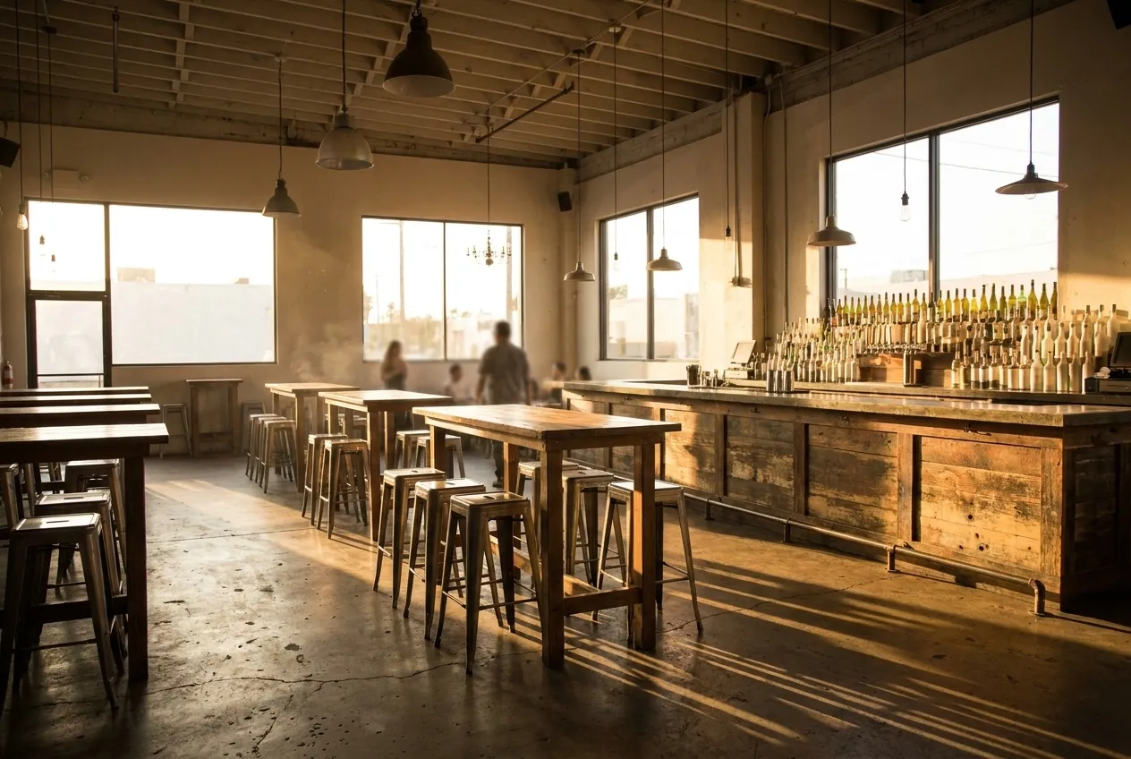 A wide bar interior with high tables and a long counter seen from the door