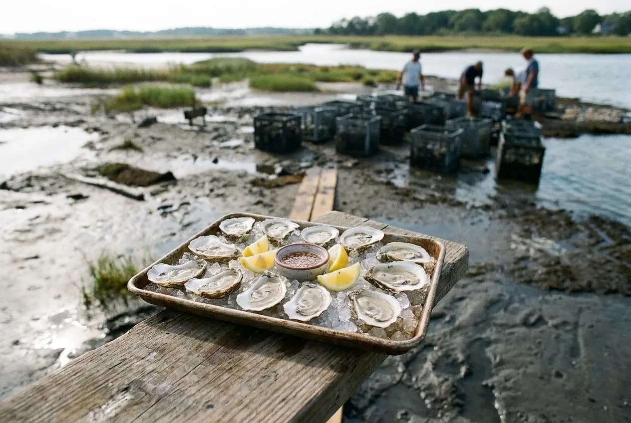 A dozen oysters on crushed ice with lemon wedges and a small dish of mignonette