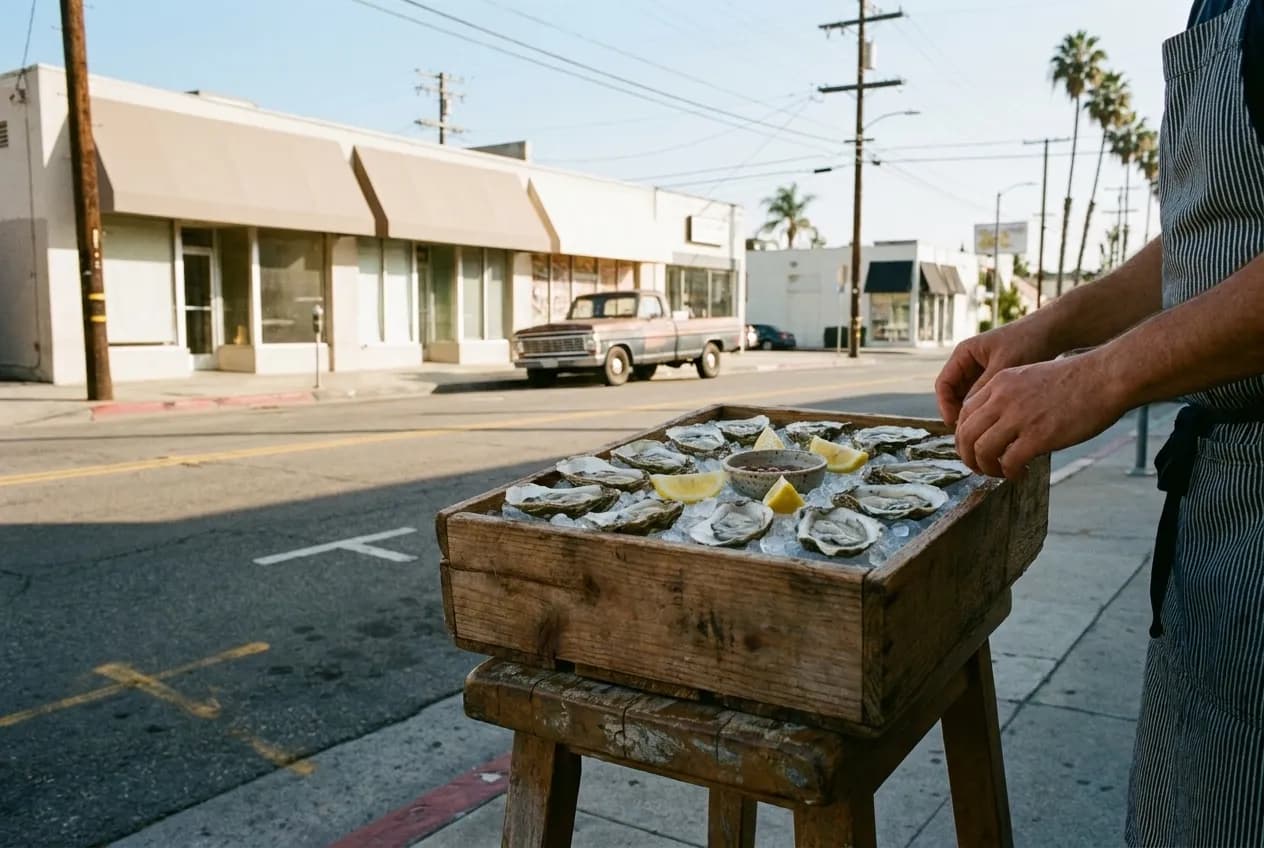 A dozen oysters on crushed ice with lemon wedges and a small dish of mignonette