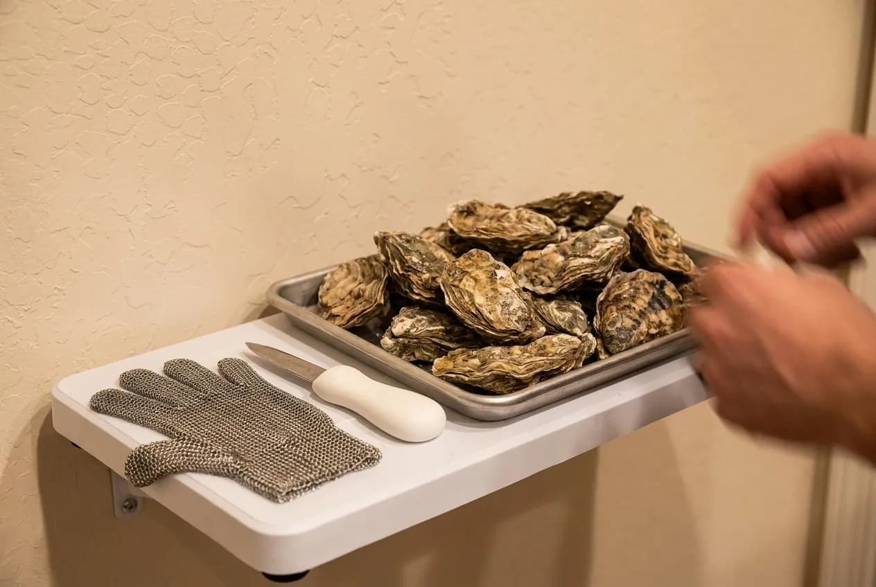 A shucking station with a knife, glove and a tray of unopened shells